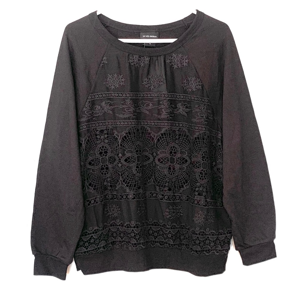 NWT Liv Los Angeles black long sleeve top, lace eyelet front Size XL
